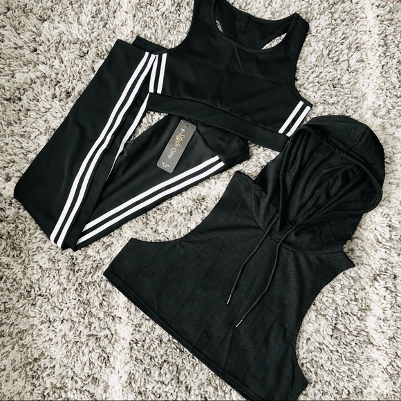 Black Striped Legging Bra Crop Top 3PC Active Set - Picture 7 of 9